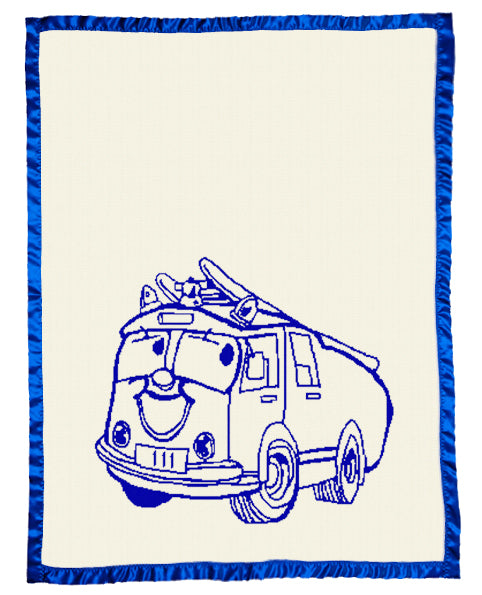 Merino baby blanket with blue fire truck design, birth details, and blue satin border on natural background.