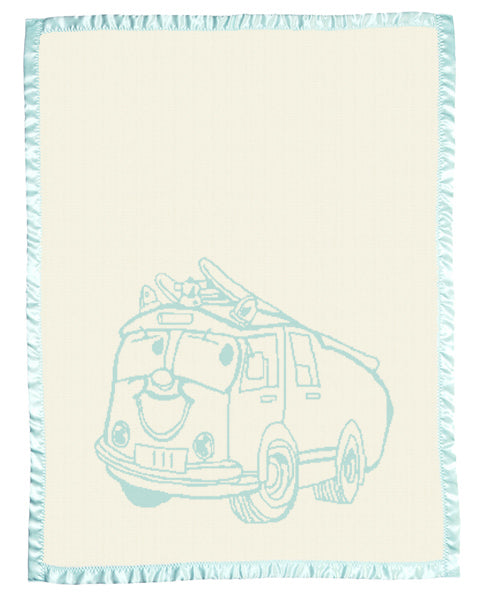Merino baby blanket with eggshell fire truck design, birth details, and eggshell satin border on natural background.