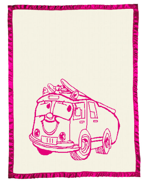 Merino baby blanket with hot pink fire truck design, birth details, and hot pink satin border on natural background.