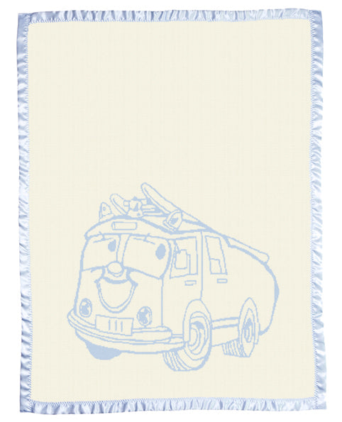 Merino baby blanket with light blue fire truck design, birth details, and blue satin border on natural background.