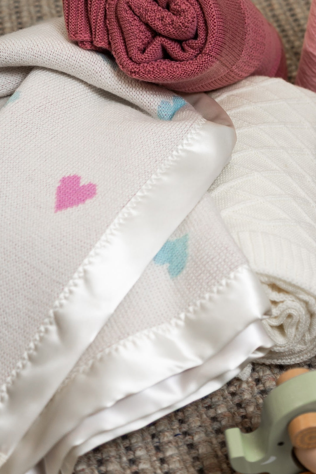merino wool blanket heart design cot natural satin edge