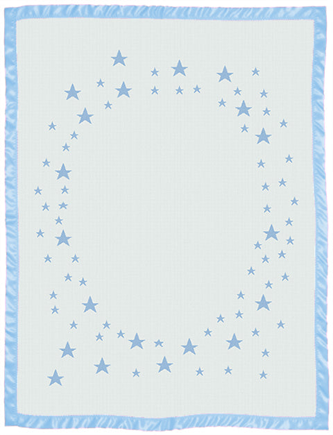 Keepsake baby blanket star pattern with name on it satin bidding cot size blue.