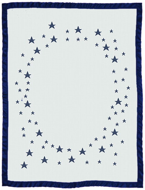 Keepsake baby blanket star pattern with name on it satin bidding cot size navy.