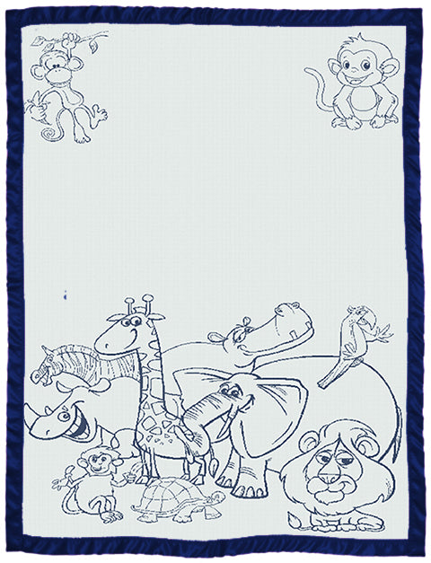 Kids Personalised Blanket Zoo pattern Satin trim Size Large Cot navy.