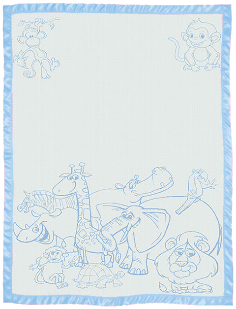 Kids Personalised Blanket Zoo pattern Satin trim Size Large Cot blue.