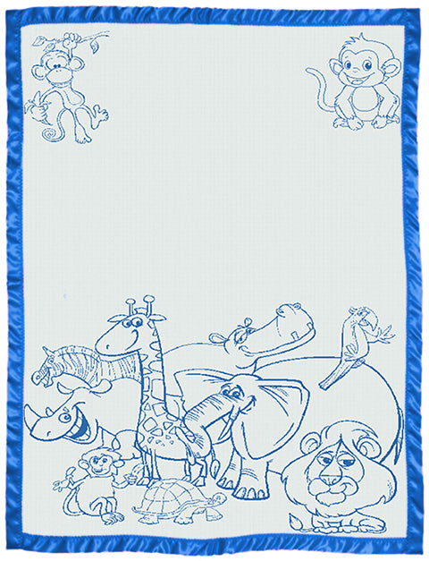 Kids Personalised Blanket Zoo pattern Satin trim Size Large Cot paris blue.