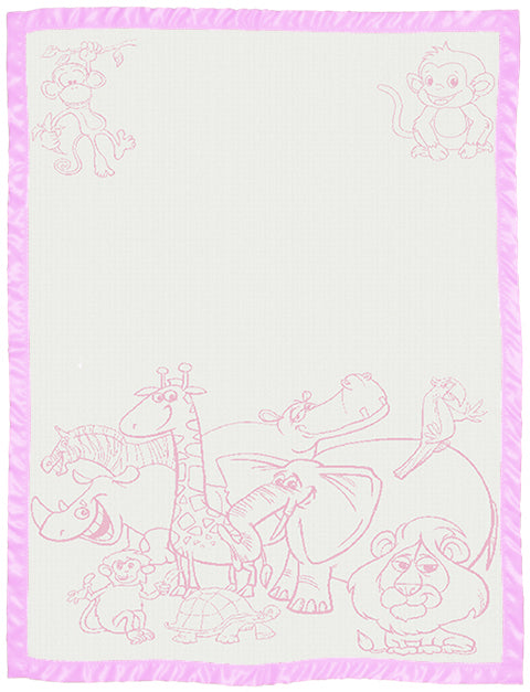 Kids Personalised Blanket Zoo pattern Satin trim Size Large Cot pink.