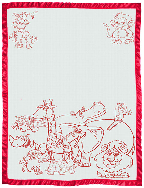 Kids Personalised Blanket Zoo pattern Satin trim Size Large Cot red.