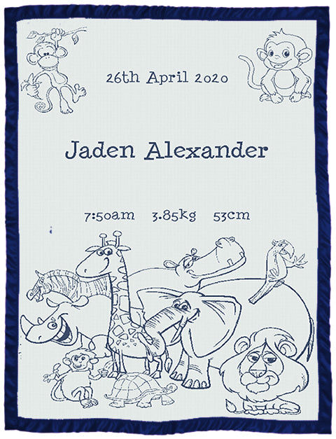 Kids Personalised Blanket Zoo pattern Satin trim Size Large Navy Details on it