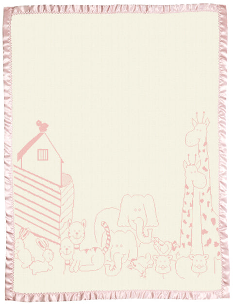 Kids Merino Blanket Satin Binding Cot Size Large Noah's Ark Pink.
