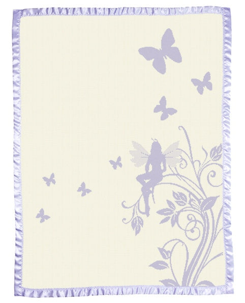Merino blanket butterfly fairy pattern satin edge natural lavanda