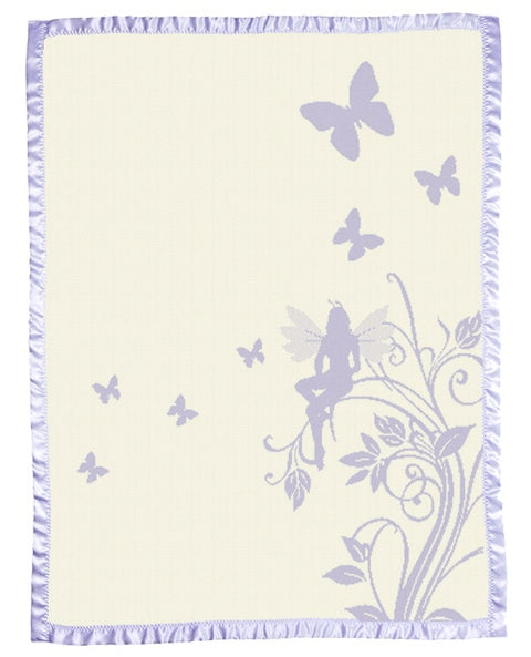 Merino blanket butterfly fairy pattern satin edge natural lavanda