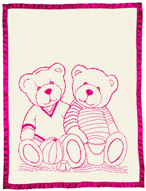 Personalized baby blanket Merino wool  Satin Edge Cot Size Bear pattern hot pink.
