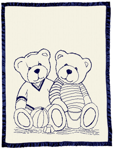 Personalized baby blanket Merino wool  Satin Edge Cot Size Bear pattern Navy.