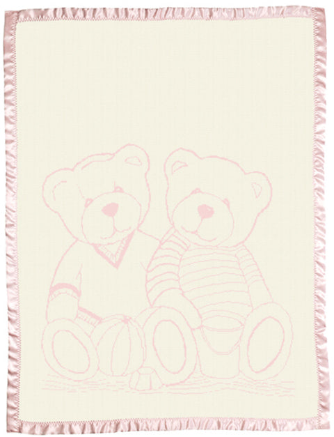 Personalized baby blanket Merino wool  Satin Edge Cot Size Bear pattern Pink.