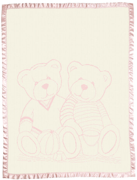 Personalized baby blanket Merino wool  Satin Edge Cot Size Bear pattern Pink.
