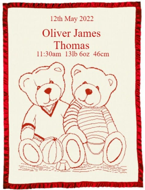 Personalized baby blanket Merino wool  Satin Edge Cot Size Bear pattern Red Customized