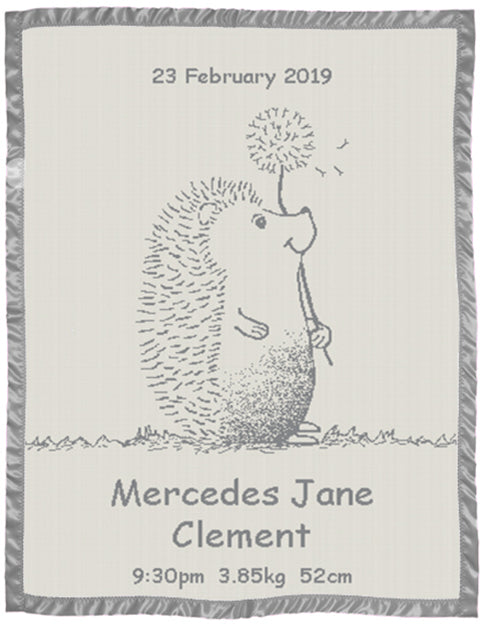 Toddler Merino Blankets Cot size Satin Edge Hedgehog pattern Pewter with names