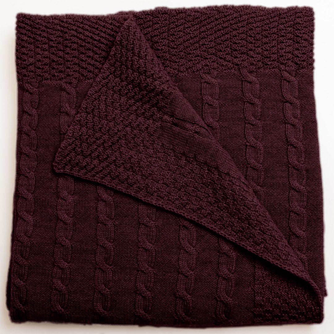 merino baby blanket cable sitich cot burgandy