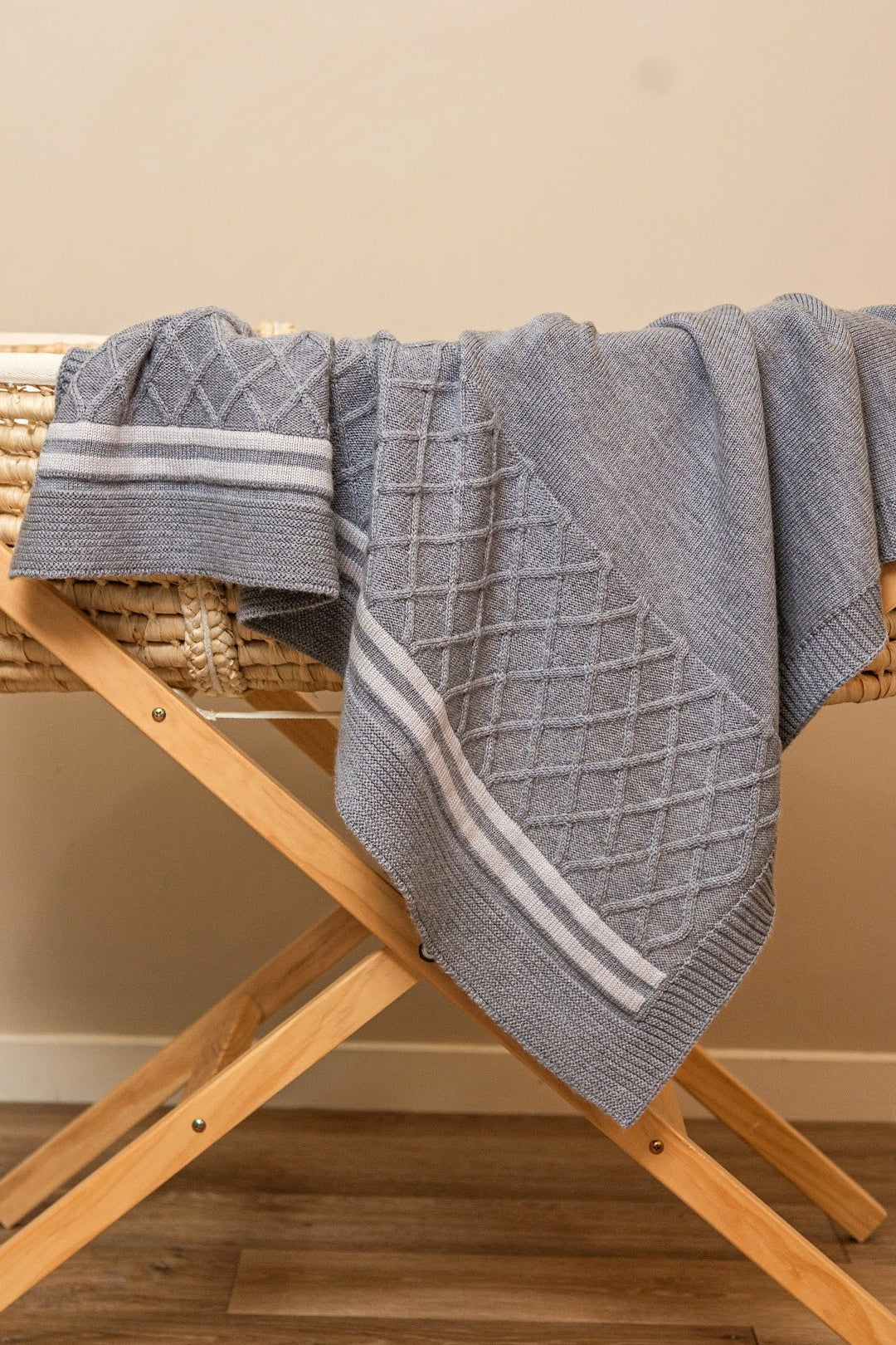merino wool baby blanket aran pattern cot grey