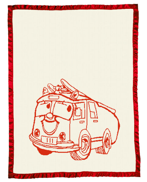 Merino baby blanket with red fire truck design, birth details, and red satin border on natural background.