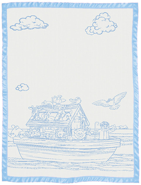 Children customised blanket cot size Noah_s Ark design with satin colour blue.