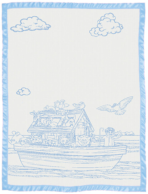 Load image into Gallery viewer, Children customised blanket cot size Noah_s Ark design with satin colour blue.
