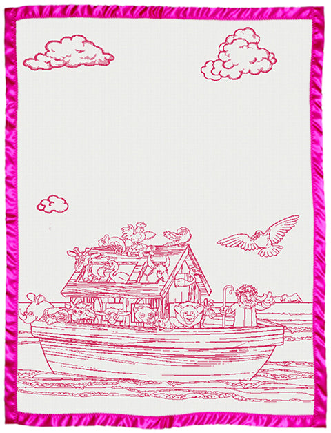 Children customised blanket cot size Noah_s Ark design with satin colour hot pink.