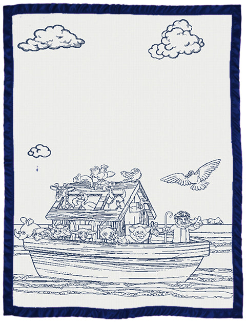 Children customised blanket cot size Noah_s Ark design with satin colour navy.