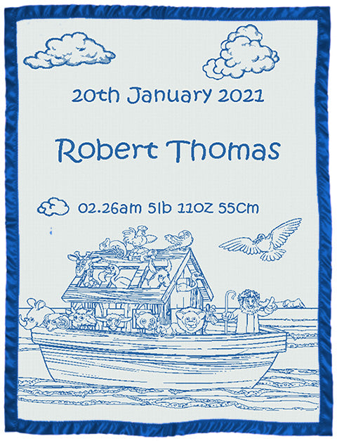 Children customised blanket cot size Noah_s Ark design with satin colour paris blue personalized