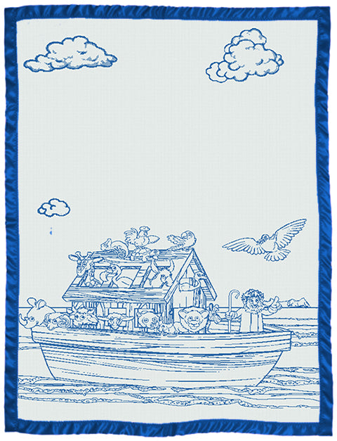 Children customised blanket cot size Noah_s Ark design with satin colour paris blue.