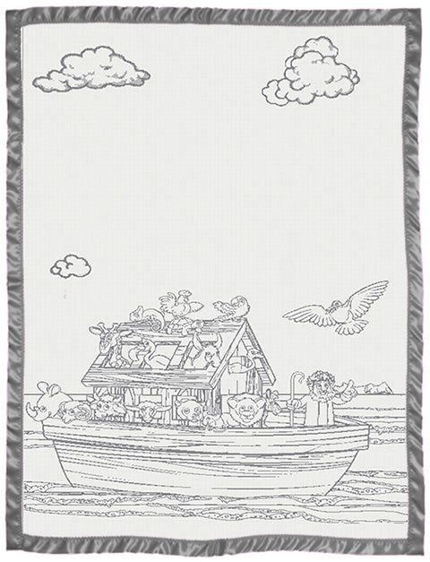 Children customised blanket cot size Noah_s Ark design with satin colour  pewter.