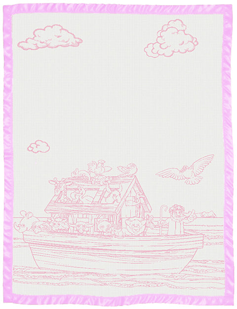 Children customised blanket cot size Noah_s Ark design with satin colour paris  pink.