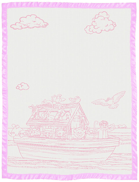 Load image into Gallery viewer, Children customised blanket cot size Noah_s Ark design with satin colour paris  pink.
