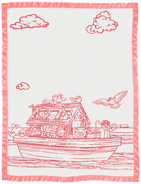 Children customised blanket cot size Noah_s Ark design with satin colour paris  watermelon.