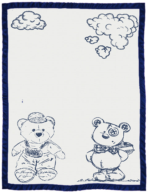 cotton baby customized blanket Bear pattern with satin large color white navy.