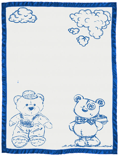 cotton baby customized blanket Bear pattern with satin large color white paris blue.