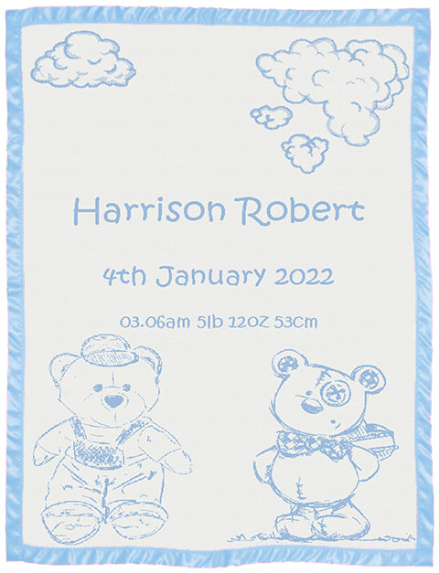 cotton baby customized blanket Bear pattern with satin large color white blue. preview