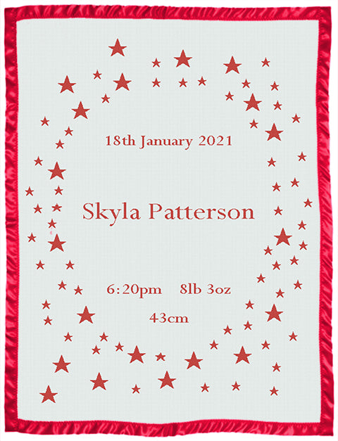 Keepsake baby blanket star pattern with name on it satin bidding cot size red personalised..