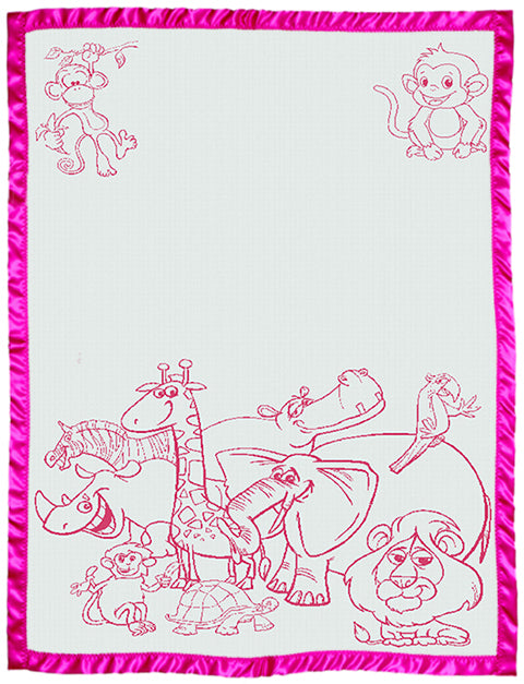 Kids Personalised Blanket Zoo pattern Satin trim Size Large Cot hot pink.