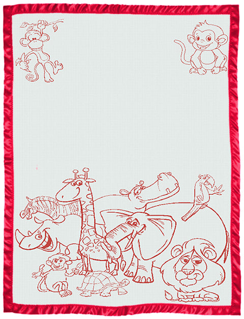 Load image into Gallery viewer, Kids Personalised Blanket Zoo pattern Satin trim Size Large Cot red.
