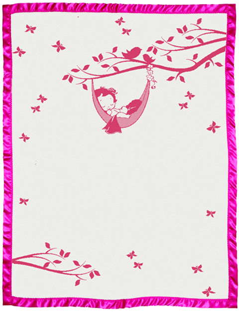 Newborn customized blanket with satin hammock pattern colour white and hot pink